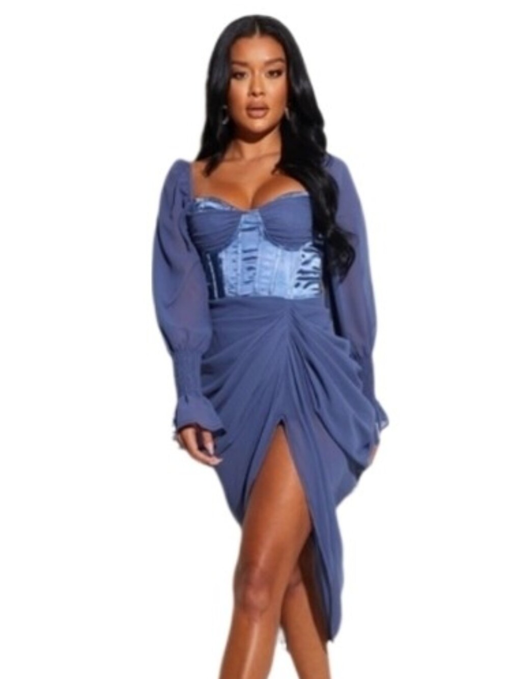 PrettyLittleThing Dress Satin Draped,  Chiffon Midi Mineral Blue Size 2